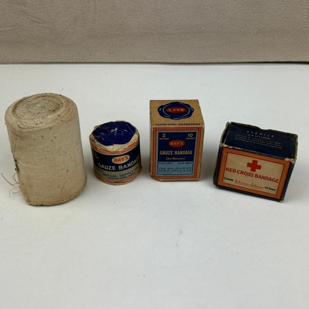 Set of 4 Vintage 1920 - 1940s Red Cross and Bay's Gauze Bandages & Ace Bandage